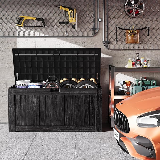 Deck Box, 120 Gallon Resin Outdoor Storage Container with Lid in Black