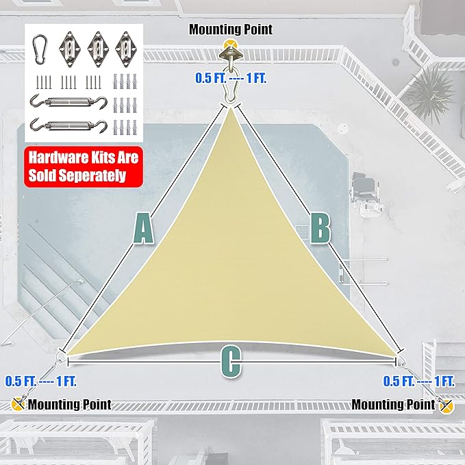 Amgo Custom Size 13' x 13' x 13' Beige Triangle Sun Shade Sail Order to Make Canopy Awning UPF50+ AGSLT, 95% UV Blockage, Water & Air Permeable, 200GSM Commercial Standard (We Customize)