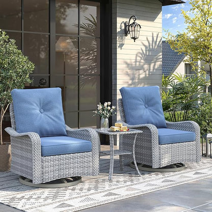 2-Seat Modern Patio Furniture Set with Swivel Rocking Chairs, Thick 4″ Cushions, Dual-Strand Wicker Rattan, Rust-Resistant Steel Frame – Outdoor Conversation & Modular Sectional,Navy