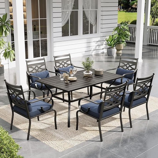 Sophia and William Patio Dining Set for 6, Outdoor Table and Chairs, Removable Seat Cushions, 60" Black Patio Dining Table,Blue