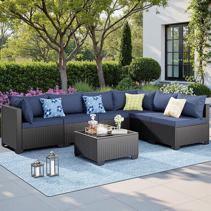 Skyfish 7 Pieces Patio Furniture Sofa - Outdoor Sectional Wicker Rattan Furniture with Cushion and Glass Table Patio Conversation Sets for Porch Poolside Backyard Outdoor Sofa Set Modular Sofa