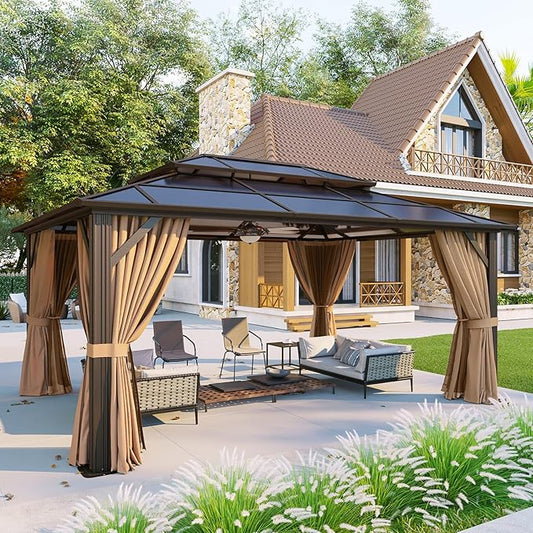 Aoxun 12'x16' Hardtop Gazebo, Aluminum Frame Permanent Pavilion with Curtains and Netting, Outdoor Polycarbonate Double Roof Canopy, Designed for Garden, Lawns, Patio