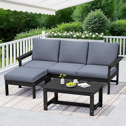 SERWALL Outdoor Sectional Sofa Set, 5-piece Outdoor Modula Couch Set with Ottoman, All Weather Patio Furniture Set with Chaise for Deck, Lawn, Black Frame with Gray Cushion
