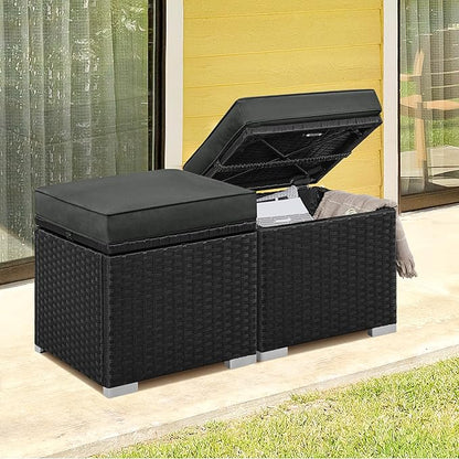 Yaheetech Wicker Ottomans, Set of 2 Patio PE Rattan Side Tables with Hidden Storage & Removable Cushion, Outdoor/Indoor Footstools, Additional Seating for Garden/Balcony/Yard, Black/Gray