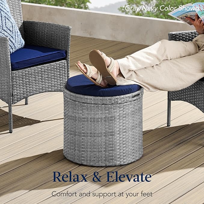 Best Choice Products Round Wicker Ottoman, Multipurpose Outdoor Furniture for Patio, Backyard, Additional Seating, Footrest, Side Table w/Storage, Removable Cushions – Brown/Red