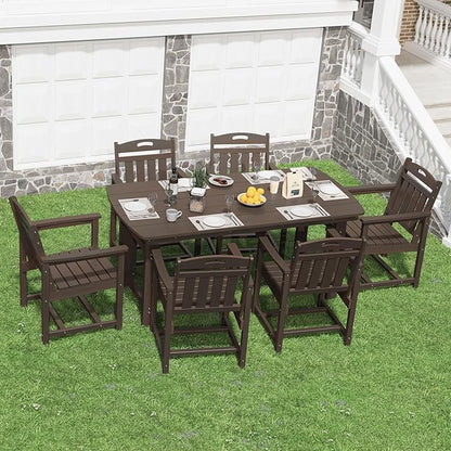 HDPE Outdoor Patio Dining Set with Table & 6 Chairs, All-Weather 7-Piece Outdoor Table and Chairs, 2" Umbrella Hole, Patio Furniture for Garden, Backyard, Deck | Brown