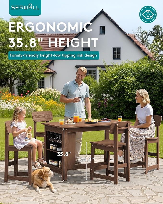 SERWALL 8-Piece HDPE Counter Height Dining Table Sets with Storage and Wine Rack, 2 Rectangular Bar Table with Bar Stools Set of 6 for Garden, Backyard, Kitchen, Brown