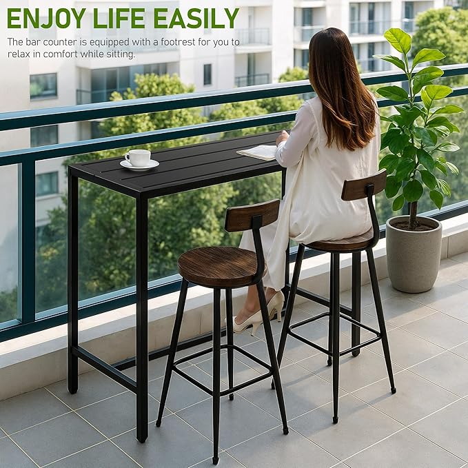 Outvita Outdoor Bar Table, 37" Height Patio Pub Table with Waterproof Frame and Adjustable Foot for Hot Tub, Patio, Backyard, Balcony, Hallway, Bistro Rectangle, Black