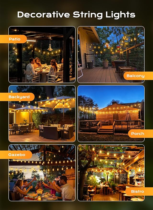 String Lights, 150-Foot Outdoor LED Patio Lights with 47 Warm White ST38 Bulbs