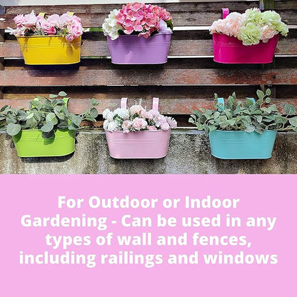 LaLaGreen Rail Planter Outdoor Plants (6 Pack, 9.8 Inch) Small and Cute Metal Iron Strawberry Hanging Flower Pot Deck Railing, Colorful Mini Fence Bucket Wall Mount Window Box Plant Holder Porch Decor