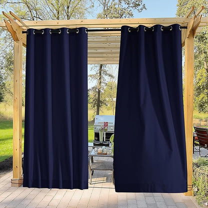 NICETOWN Canvas Outdoor Curtains for Paito 2 Panels, Dark Blue, W52 x L84 per Panel - Waterproof & Windproof Sun Shades with Grommet & Back Tab & Rod Pocket, Free Rope Included for Bottom Fixing