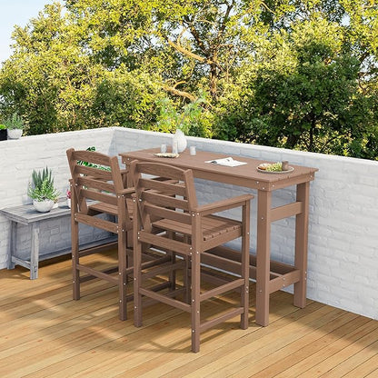 SERWALL Outdoor Bar Set with 9ft Umbrella, All-Weather HDPE Patio Bar Chairs and Table, Outdoor Furniture Set for Poolside, Backyard, Garden - Brown