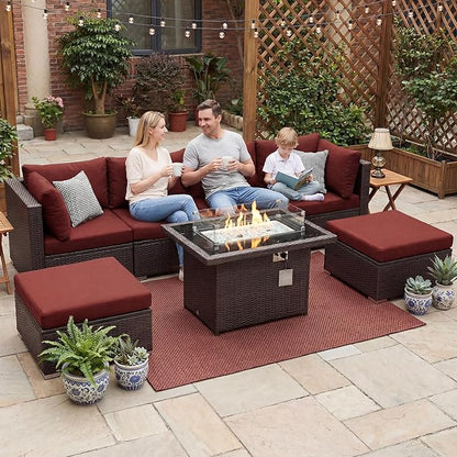 NICESOUL 7 Piece Outdoor Sofa Sectional with Firepit Natural Gas & Propane, Extra Large Patio Furniture Set for Heavy People, Deep Modular Wicker Conversation Sitting, Brown Rattan and Red Cushion