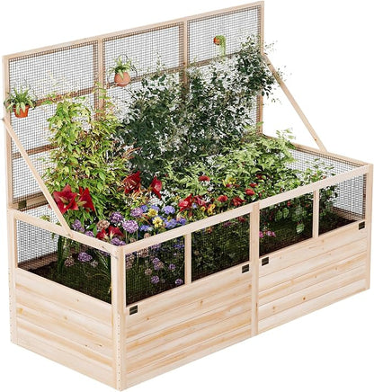 AMERLIFE Raised Garden Bed with Hinged Fencing and Trellis, 18 Inch Deepened Wood Planter Box, 2 PCS Flip-up Front Panel, Easy Assembly, Ideal for Seed Starting and Growing Vegetables & Fruits