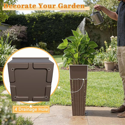 Greesum 24 Inch Tall Plastic Planters with Rattan Texture – Set of 2, Detachable Inner Pot & Drainage Holes, Indoor/Outdoor Decorative Flower Pots for Large Plants, Trees, Patio, and Garden, Brown