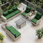 10-Piece Outdoor Patio Furniture Set with Rocking Swivel Chair, PE Wicker Rattan Sectional Sofa Patio Conversation Set with 55,000 BTU Fire Pit Table & Coffee Table, Green