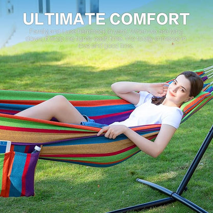 PNAEUT Double Hammocks with Stand for Outside, Portable Space Saving Heavy-Duty Steel Stand for Indoor Outdoor Patio, 450 lbs Capacity (Tropical)