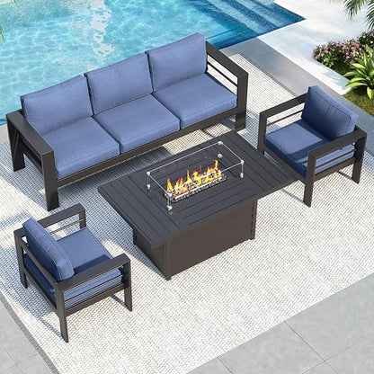 Solaste Aluminum Patio Furniture Set with Fire Pit Table, 4 Piece Metal Outdoor Furniture with Water-Resistant Cushions, Modern Patio Conversation Set for Balcony, Front Porch, and Backyard,Blue
