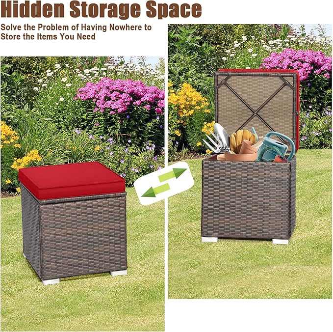 RELAX4LIFE Wicker Outdoor Storage Ottoman, 2-Piece Rattan Footstool w/Removable Cushion, Multipurpose Footrest Stool Side Table Additional Seating, Set of 2 Outdoor Ottomans for Patio Deck (Red)