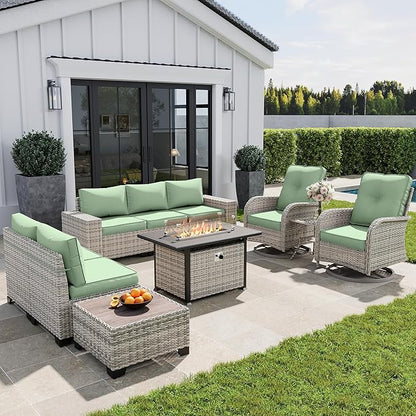 10-Piece Outdoor Patio Furniture Set with Rocking Swivel Chair, PE Wicker Rattan Sectional Sofa Patio Conversation Set with 55,000 BTU Fire Pit Table & Coffee Table, Light Green