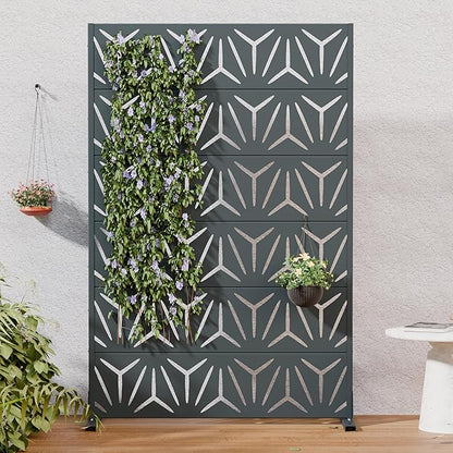 Casaphoria Metal Privacy Screen Outdoor, 72" H x 47" W Freestanding Decorative Privacy Screen for Patio Deck Balcony Garden with Stable Base, Grey-Star