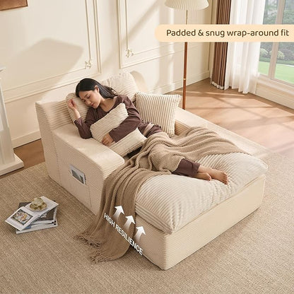 63" Chaise Lounge Chair Indoor, Set of Convertible Sleeper Sofa Couch with Throw Pillows & Side Pockets, Corduroy Upholstered Oversized Sofa Bed with Armrests for Living Room Bedroom, Beige