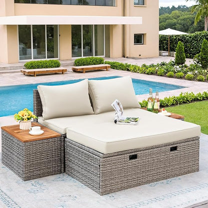 Flamaker Outdoor Rattan Daybed with 2 Side Tables, Multifunctional Wicker Patio Sofa with Storage Ottoman, Cushions, Sunbed Wicker Furniture Chaise Lounge Chair for Backyard Porch Poolside(Beige)