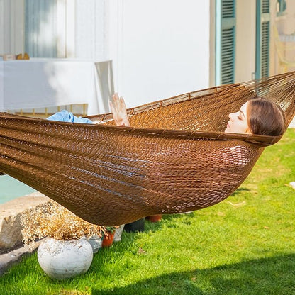 PNAEUT Handwoven Mayan Hammock, Thick Soft Rope Double Hammock for Outdoor Outside & Indoor, 600 lbs Capacity Heavy-Duty, Includes Tree Straps, Carabiners & Carrying Bag (Desert, X-Large)