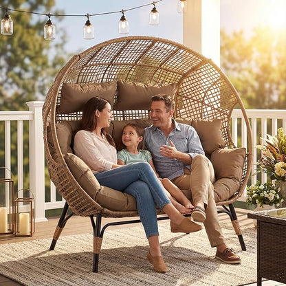 NICESOUL® Double Egg Chair Indoor Outdoor Stationary Oversized 6.5" Thick Padded Cushions,2 Person Wicker Egg Loveseat Chair,680 lbs Extra Wide Lounge Chair for Patio Balcony Porch Brown with Cover