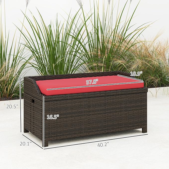 Outdoor Storage Bench, 34 Gallon PE Rattan Deck Box with Cushion