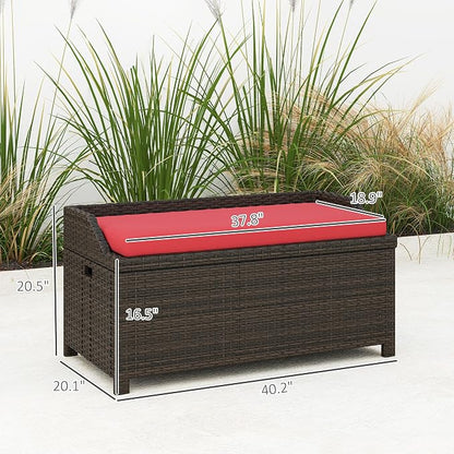 Outdoor Storage Bench, 34 Gallon PE Rattan Deck Box with Cushion