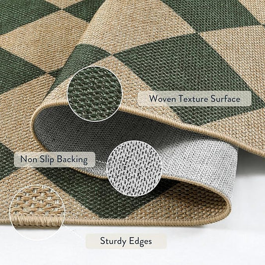 Outdoor Rug 3x5 ft Green Checkered Jute-Look, Non-Slip