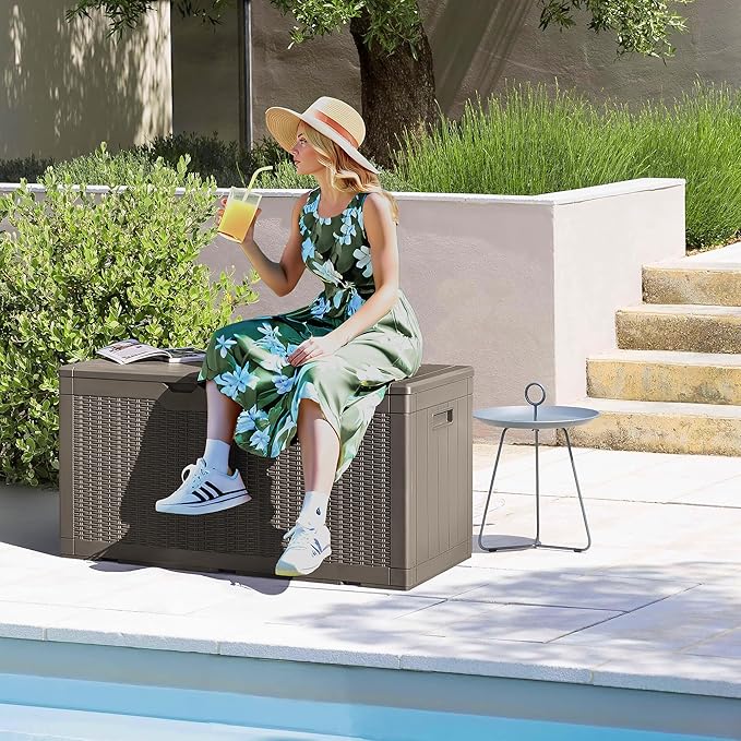 Deck Box with 97 Gallon Capacity, Brown Resin Storage Bench