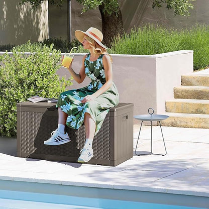Deck Box with 97 Gallon Capacity, Brown Resin Storage Bench