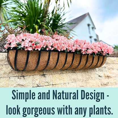 LaLaGreen Wall Hanging Planter Outdoor (48 Inch, 2 Pack) Large Window Flower Box with Coco Liners, Black Metal Rectangular Plant Holder Attach to House Horse Trough Fence Balcony Modern Porch Patio