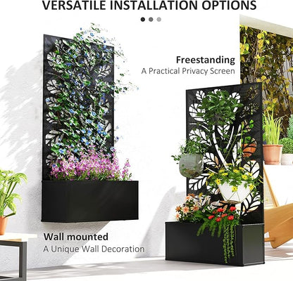 Outsunny Metal Raised Garden Bed with Trellis for Climbing Plants, Freestanding or Wall Mounted Flower Bed with Privacy Panel, Twigs and Leaves Cut-Outs Outdoor Planter Box for Garden, Patio, Balcony