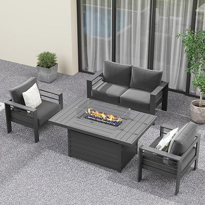 Solaste Aluminum Patio Furniture Set with Fire Pit Table, 4 Piece Metal Outdoor Furniture with Water-Resistant Cushions, Modern Patio Conversation Set for Balcony, Front Porch, and Backyard, Grey