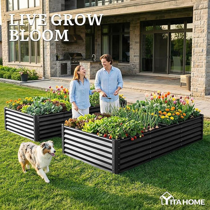 YITAHOME 8x4x1.5ft Large Raised Garden Bed Kit, Galvanized Metal Planter Box with Gloves, Ground Nails & Safety Rubber, Outdoor Above Ground Planters for Plants Vegetables Flowers, Black
