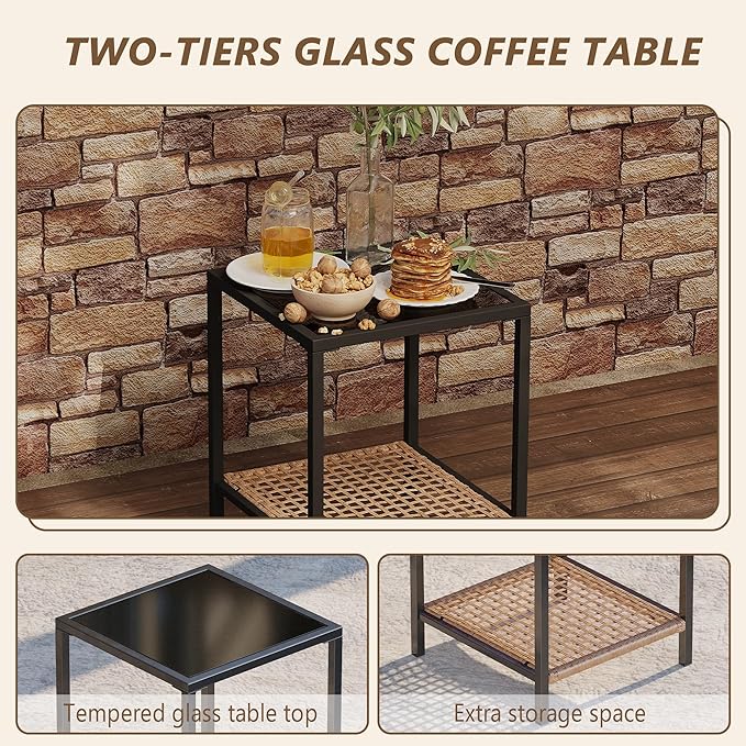 Bistro Set, 3-Piece Patio Rocker Set with Gray Cushions and Glass Table Top