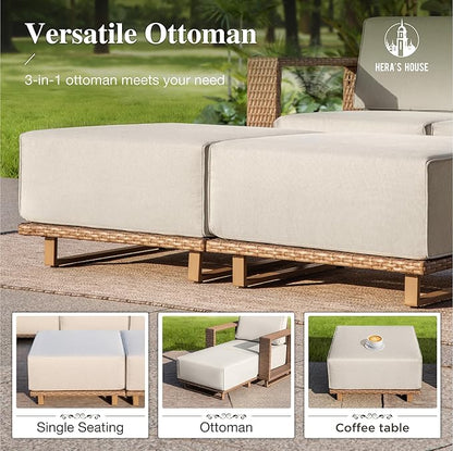 HERA'S HOUSE 4 Pieces Patio Furniture Set, 2 Outdoor Rattan Wicker Armchairs Set with 2 Ottomans, All Weather Patio Conversation Set with 5.3" Widened Armrest, 10" Ultra Thick Comfy Sponge Cushion