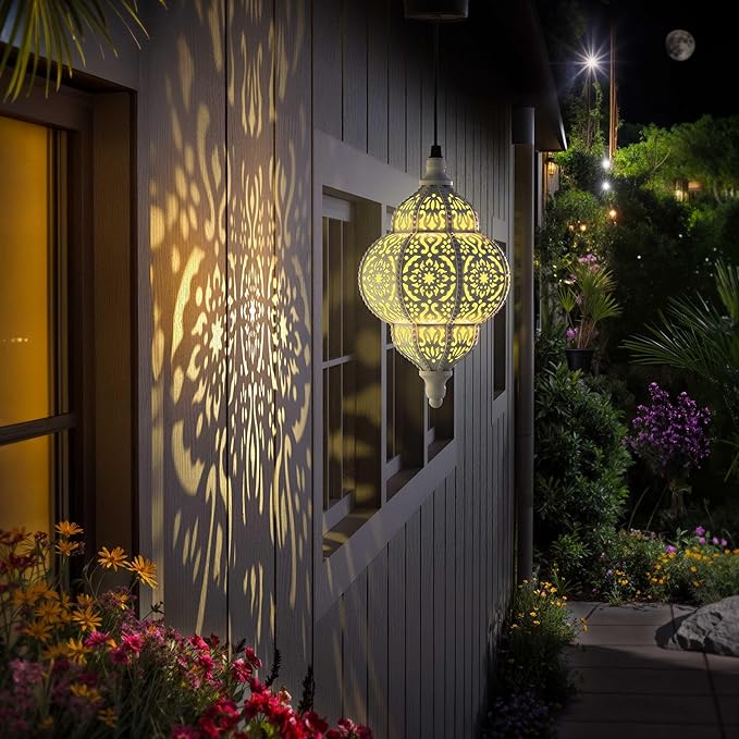 Hanging Solar Lights Outdoor Garden Decor Solar Lantern Waterproof Plastic Moroccan Outdoor Decorations for Patio Pathway Yard Backyard Garden Decorative (1, White)