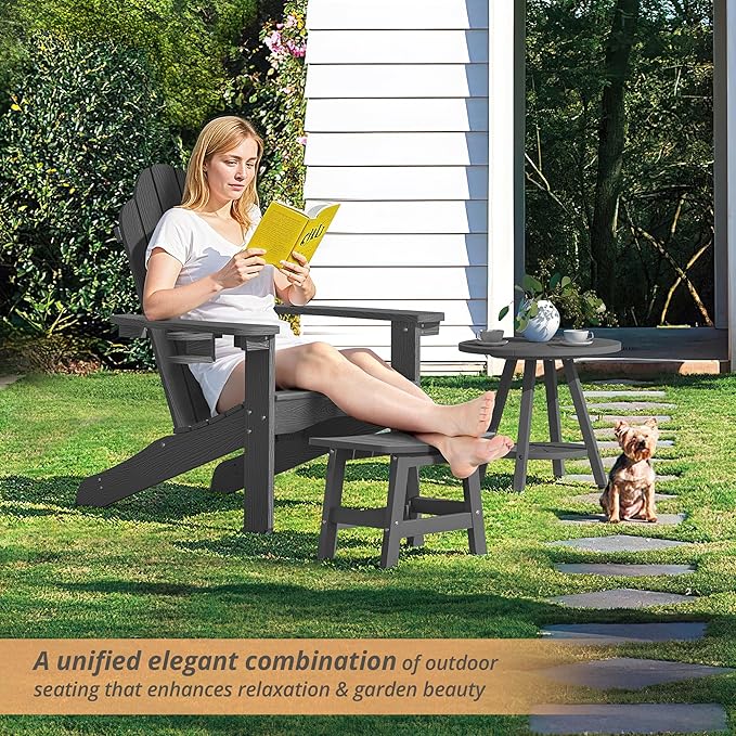 LUE BONA Outdoor Adirondack Ottomans, Footrest Footstool Set of 2, Outdoor Foot Rest for Patio, HDPS All Weather Waterproof Footrest Footstool for Adirondack Chair, Dark Gray