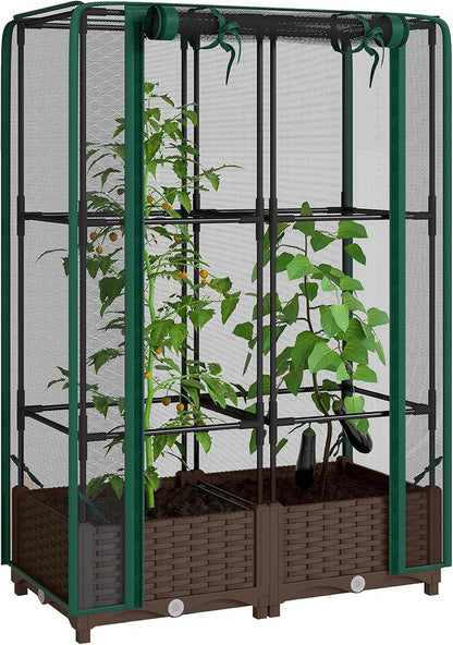Outsunny Raised Garden Bed with Trellis, 46.5" Tomato Cage with Crop Cage, Self Watering Planter Box with Drainage Holes and Plugs for Outdoor Patio Climbing Plants, Vines, Vegetables, Flowers, Green