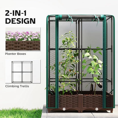 Outsunny Raised Garden Bed with Trellis, 46.5" Tomato Cage with Crop Cage, Self Watering Planter Box with Drainage Holes and Plugs for Outdoor Patio Climbing Plants, Vines, Vegetables, Flowers, Green
