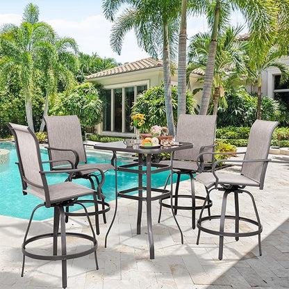 Vongrasig 5 Piece Patio Swivel Bar Set, All Weather Mental Textilene High Swivel Bar Stools Chair Set of 4 and Glass Bar Table, Outdoor High Top Bistro Set for Lawn Garden, Balcony, Taupe