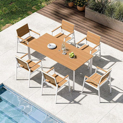 Outdoor Patio Dining Set for 6, Aluminum 7 Piece HDPS Patio Table and Chairs Set with Umbrella Hole, Modern Patio Furniture Set, Patio Dining Table & 6 Chairs (White & Teak)