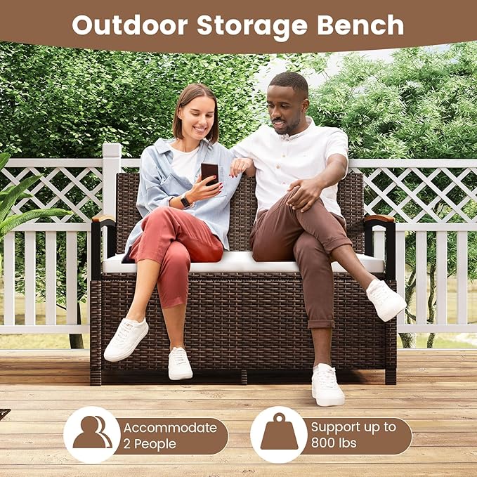 Storage Bench, 2-Person Brown PE Rattan with 46-Gallon Storage