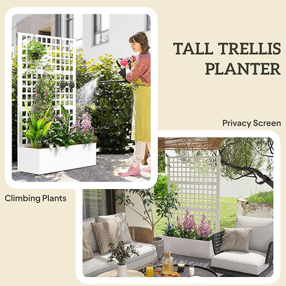 Outsunny Galvanized Raised Garden Bed with Trellis, Metal Planter Box with Drainage Holes, Outdoor Privacy Screen for Climbing Plants, Vegetable, Vines, 43" x 16" x 70", 2 Pack, White