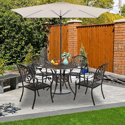 VINGLI 5 Pieces Outdoor Patio Dining Set, Cast Aluminium Patio Furniture Set with 4 Chairs and 1 Umbrella Table for Yard, Garden, Porch and Poolside, Bronze