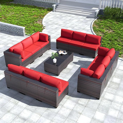 Kullavik 14 Pieces Outdoor Patio Furniture Set PE Wicker Rattan Sectional Sofa Patio Conversation Sets,Red